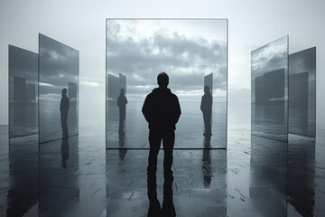 person standing in front of mirrors reflecting cloudy sky, creating surreal atmosphere. scene evokes introspection and contemplation