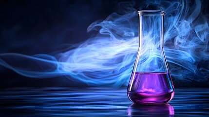 Glowing Purple Liquid in Laboratory Flask with Colorful Smoke