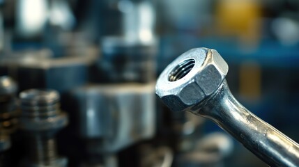 Close-up of metallic nut and bolt, industrial factory background; for manufacturing, engineering, or mechanics