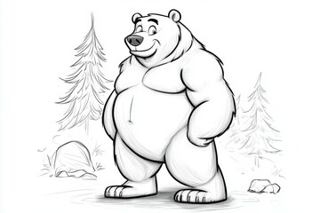 Obraz premium Cartoon bear with a big belly stands in front of a tree