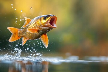 Fototapeta premium Lively fish jumping out of water with splashing drops in sunlight