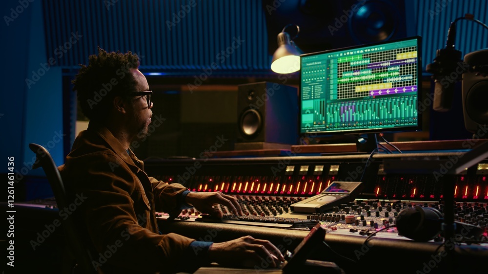 Poster African american sound designer working with editing software to produce new tracks. Audio engineer uses mixer and compressor, changes volume level and sound settings in post production. Camera B.