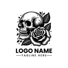 Skull and Rose Logo  Black and White Vector Tattoo Sketch  Gothic Floral Illustration