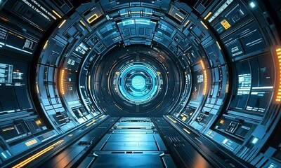 Futuristic spaceship corridor, glowing portal, digital screens, travel