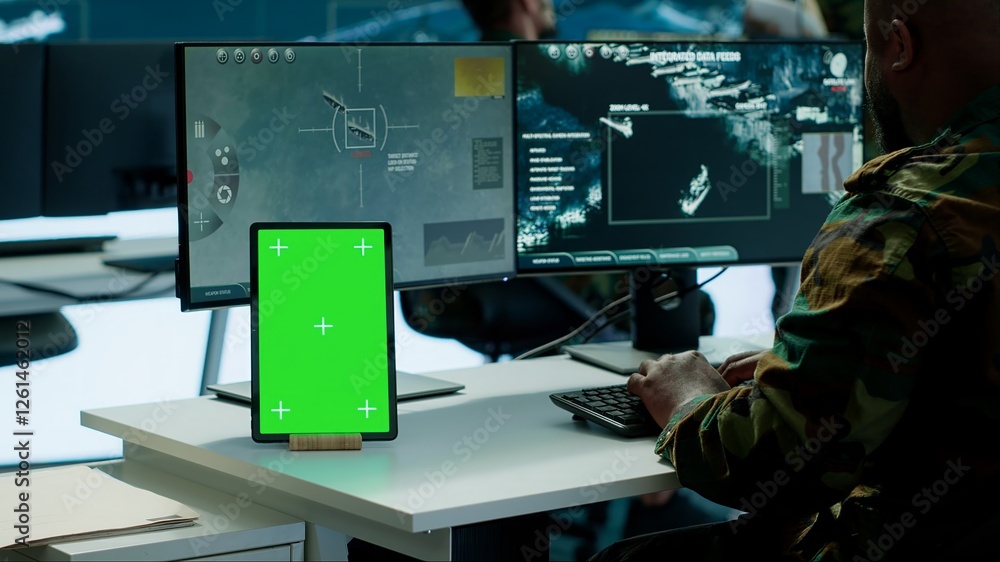 Aufkleber military team operating in a high tech command post control tower, focusing on surveillance tactics 