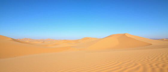 Desert landscape under a clear blue sky showcasing golden sand dunes creating a tranquil and serene atmosphere representing natural beauty