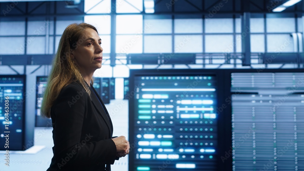 Poster engineer inspecting server room hardware, walking between supercomputers. it professional supervisin