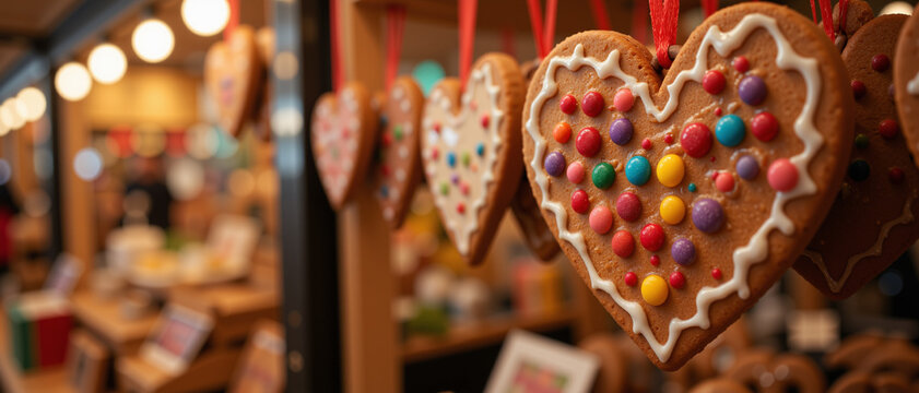 Gingerbread hearts decorated with colorful candies hanging in a festive setting conveying a joyful atmosphere representing celebration at a market
