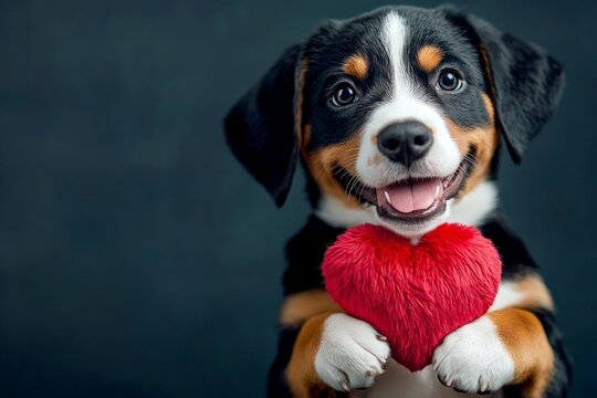 Cute entlebucher mountain dog hound with fluffy red heart - sign of love, funny greeting card. Entlebucher mountain dog - my cherished dog. Digital ads concept art. February 14 dog photos.