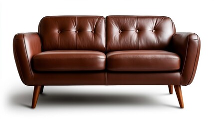 Fototapeta premium Brown Leather Sofa Isolated On White Background With Wooden Legs