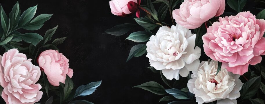 peony flowers in pink and white, with dark green leaves on the right side of banner, isolated on black background Generative AI