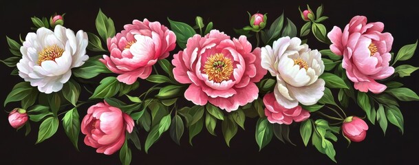 Peony flowers, in pink and white colors, on a dark background, a banner for an e-commerce website Generative AI