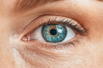Obraz premium Close-up of a vibrant blue eye, detailed iris texture visible. Ideal for medical, beauty, or vision-related projects.
