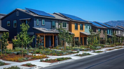 Fototapeta premium Modern Eco-Friendly Homes with Solar Panels Under Clear Blue Sky