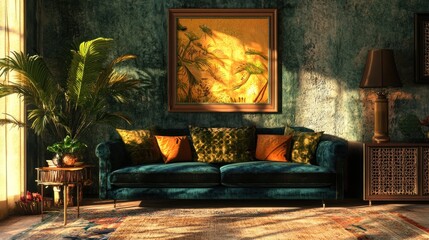 Eclectic Living Room with Botanical Art and Teal Velvet Couch Details