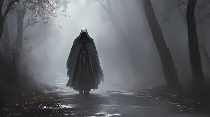 Hooded figure walking down a foggy road. Phantom Monarchs. Illustration