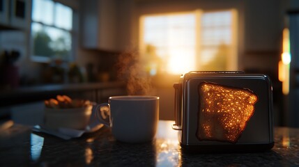 Close Up Of A Unique Bread Shaped Toaster With A Cup Of Coffee On Kitchen Table