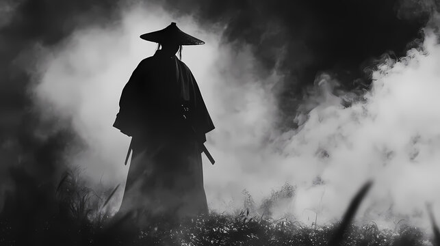 Shrouded in enigmatic shadows:a ronin's eerie wandering in the mist. Phantom Monarchs. Illustration
