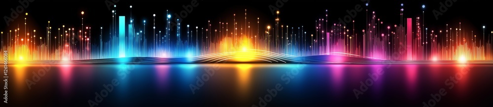Poster colorful equalizer bars rising from reflective surface with glowing particles and light trails