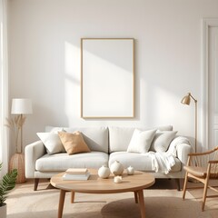 empty frame mockup above scandinavian style sofa with linen cushions, wooden furniture, modern nordic decor, and soft neutral color scheme