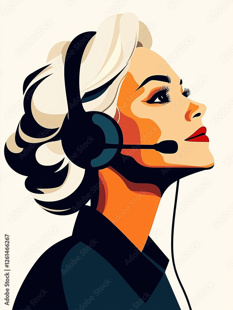 Poster customer service operator wearing headset is listening to client's request