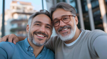 Obraz premium Two smiling men embracing and showing their affection