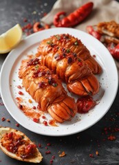 Crispy lobster tail on a white plate with a sprinkle of red pepper flakes, spicy seafood, garnish of parsley , Mediterranean cuisine