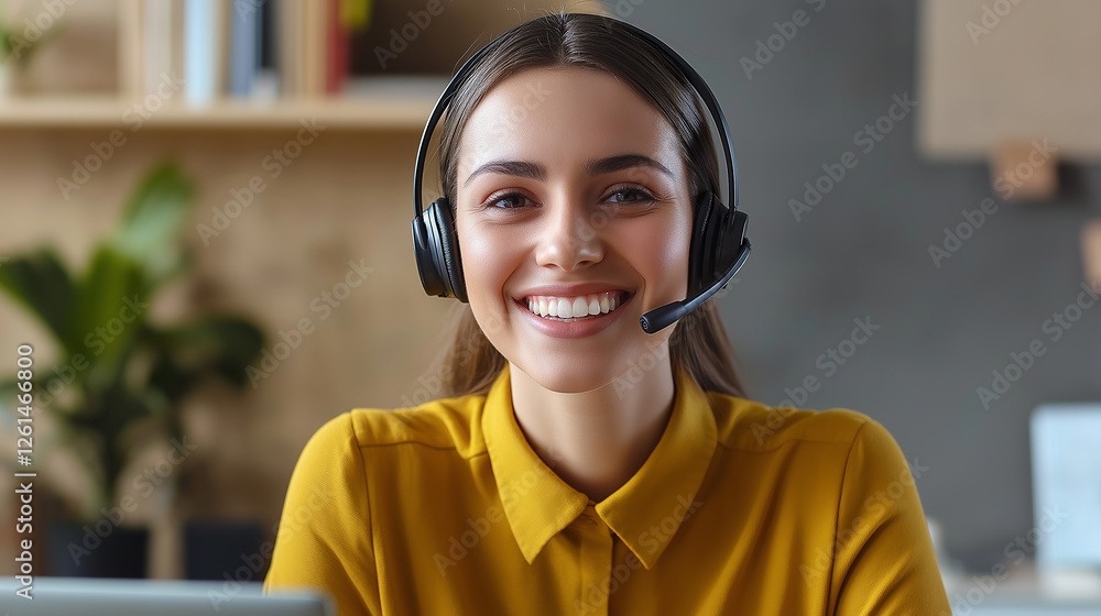 Poster smiling customer service representative wearing headset and working on laptop