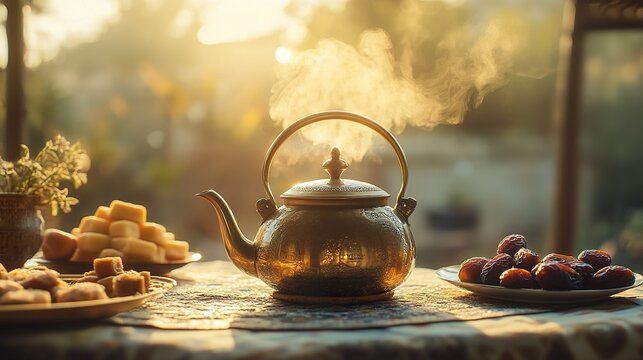 Steaming teapot with dates and sweets at sunrise, outdoor setting, tranquil morning scene, ideal for food blogs