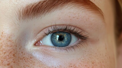 Obraz premium Close-up of a freckled face with a blue eye. Ideal for beauty, health, and skincare projects.
