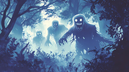 A haunting encounter a ghostly figure in misty forest corners evokes an eerie atmosphere of mystery and fear. Phantom Monarchs. Illustration