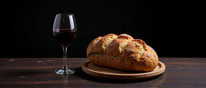 Bread loaf and red wine glass on wooden table conveying a sense of communion and tradition against a dark background