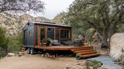 Compact living on the go, A modern tiny house nestled in mountainous terrain
