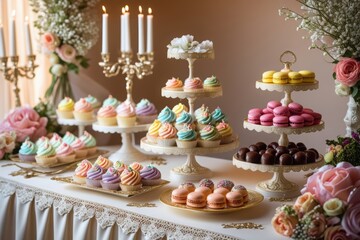 Fototapeta premium An elegant dessert table with lace, florals, and candelabras displays cupcakes, macarons, and truffles in warm natural light.