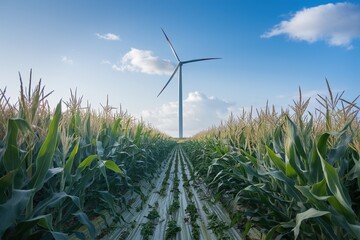Large Wind Turbine in Corn Field under Blue Sky, Symbolizing Sustainable Agriculture, Clean Renewable Energy, Green Farming, and Future Power Generation