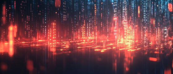 Fototapeta premium Cyberpunk Cityscape: Digital Rain and Neon Lights