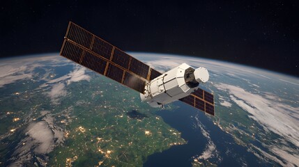 Satellite Orbiting Earth with Solar Panels and Detailed Features