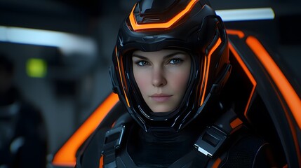 Futuristic Female Portrait in High-Tech Helmet with Orange Accents