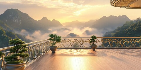 Fototapeta premium Serene Balcony View of Misty Mountain Landscape at Sunrise