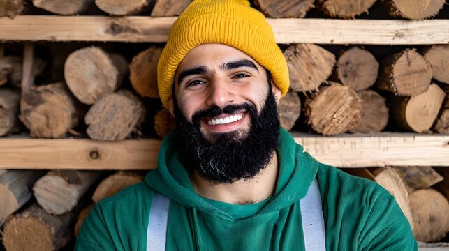 Smiling Man with Beard Wearing Yellow Beanie in Front of Wood Logs