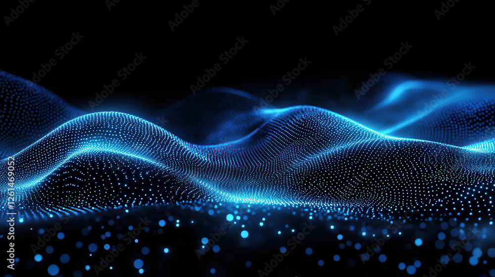 Poster abstract blue glowing particles wave on a dark background with a bokeh effect
