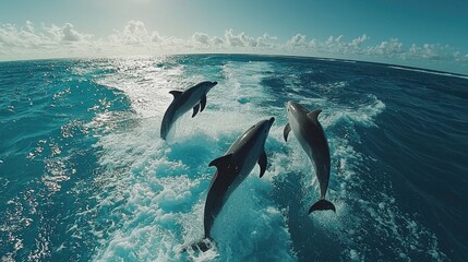 Naklejka premium Playful Dolphins Jumping in Crystal Clear Ocean Waves