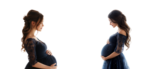 Elegant Pregnant Woman in Blue Dress on Transparent Background
