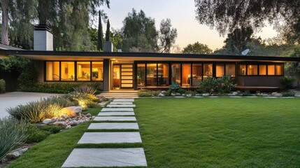 Elegant mid-century modern home blending seamlessly with lush greenery