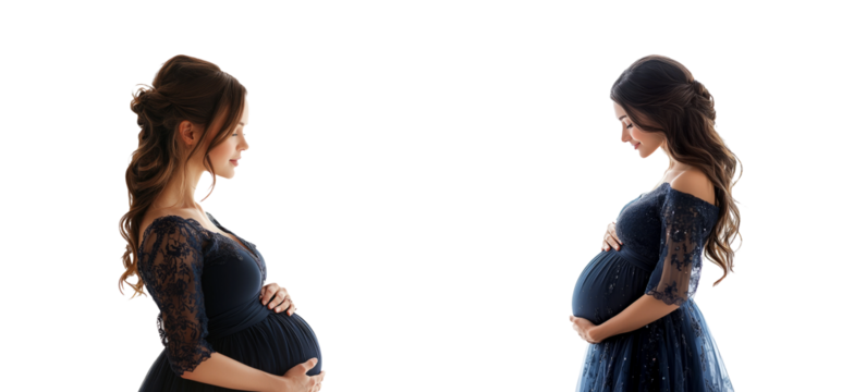 Elegant Pregnant Woman in Blue Dress on Transparent Background