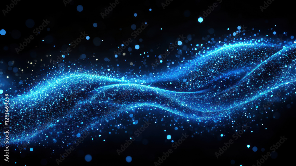 Poster abstract blue glowing particles wave on a dark background with a bokeh effect