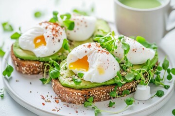 The dish features toasted bread adorned with creamy avocado, perfectly poached eggs, and vibrant microgreens, presenting a fresh breakfast option. Generative AI