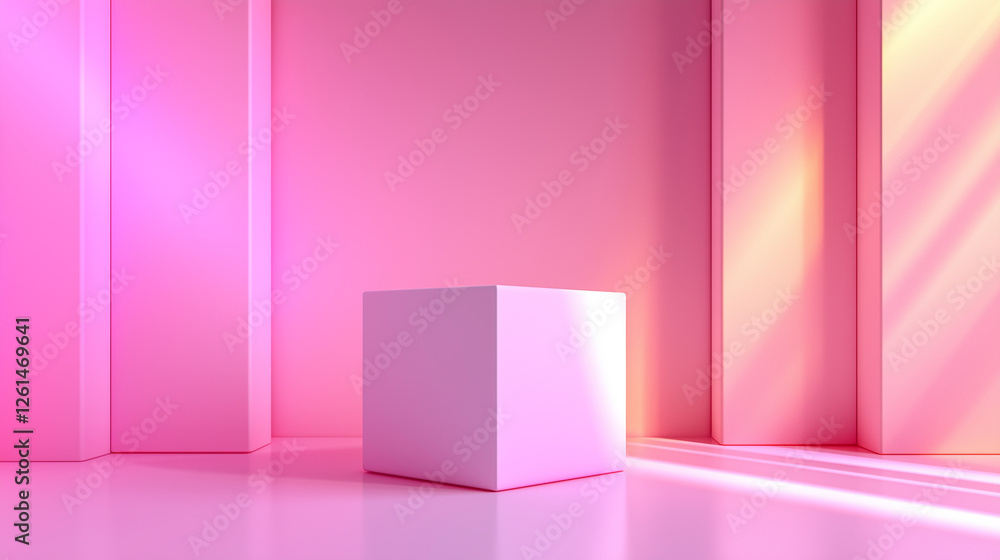 Aufkleber white cube standing in pink room with light beams creating shadows