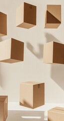 Floating cardboard boxes on light beige background