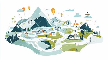 Fototapeta premium Idyllic Mountain Village Illustration with Hot Air Balloons and Landmarks
